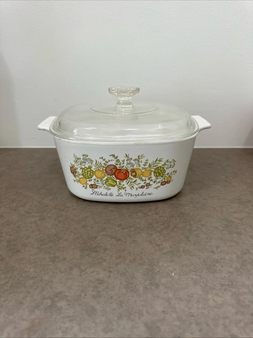 Vintage L’Echalote La Marjolaine White Casserole Dish Glass Lid CorningWare 3 qt